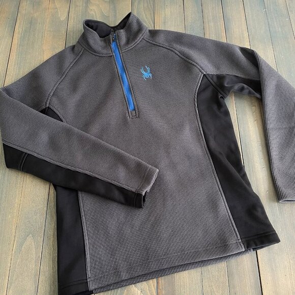 Spyder Dark Gray Blue Black Waffle Grid Fleece 1/4 Zip Up Jacket - Men's M (S8) - Picture 1 of 10